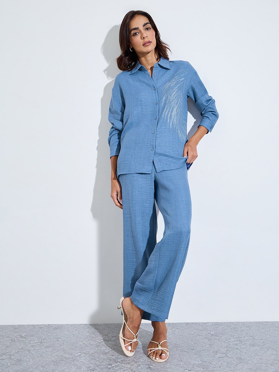 Blue Relaxed Shirt and Straight Leg Pants Modest Set