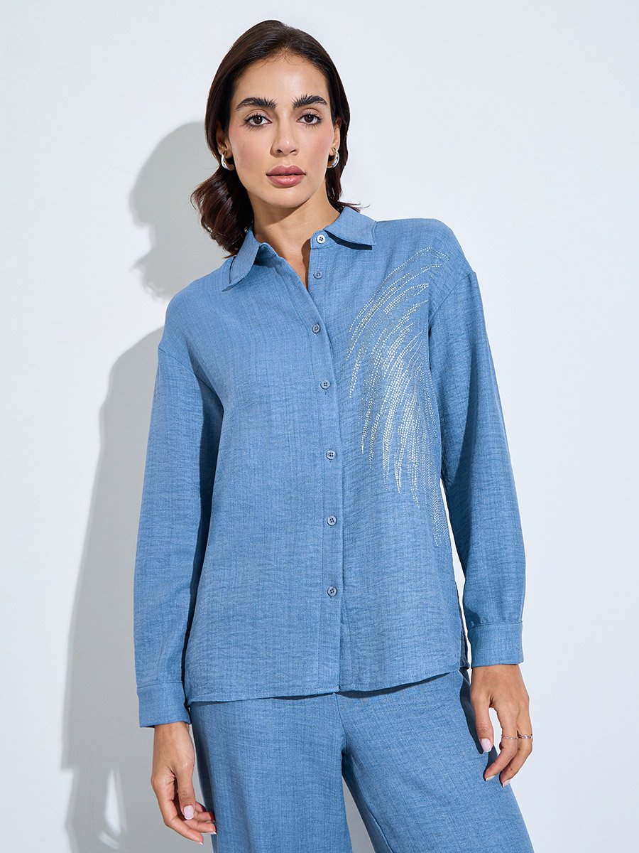 Blue Relaxed Shirt and Straight Leg Pants Modest Set