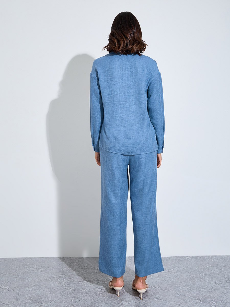 Blue Relaxed Shirt and Straight Leg Pants Modest Set