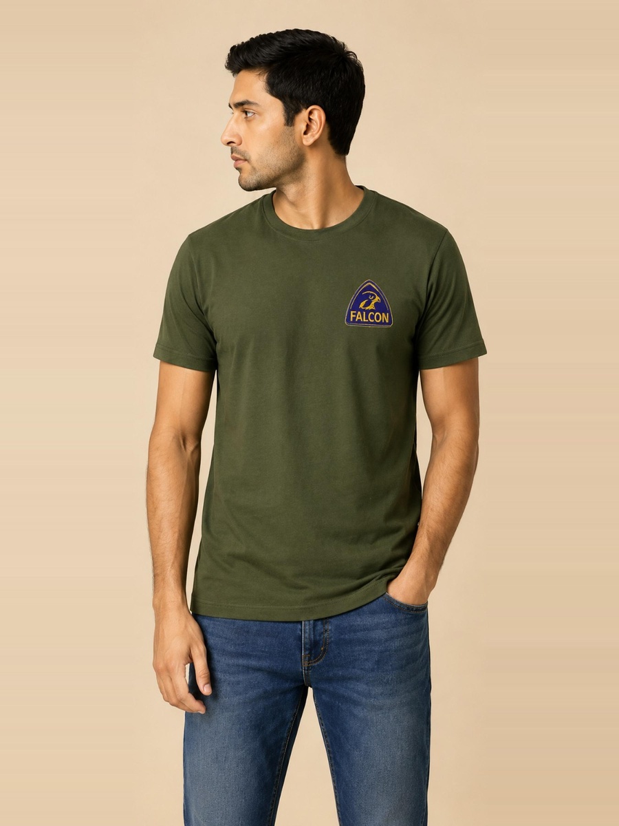 Men's Olive Green Falcon Graphic Crew Neck T-Shirt 