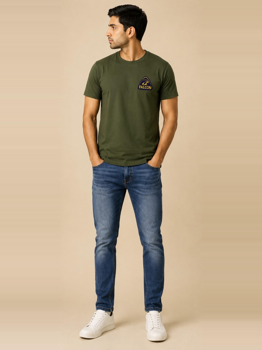 Men's Olive Green Falcon Graphic Crew Neck T-Shirt 