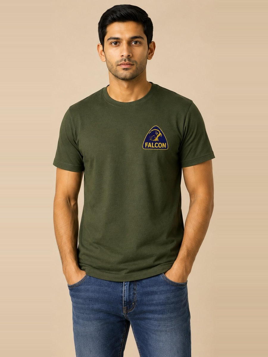 Men's Olive Green Falcon Graphic Crew Neck T-Shirt 