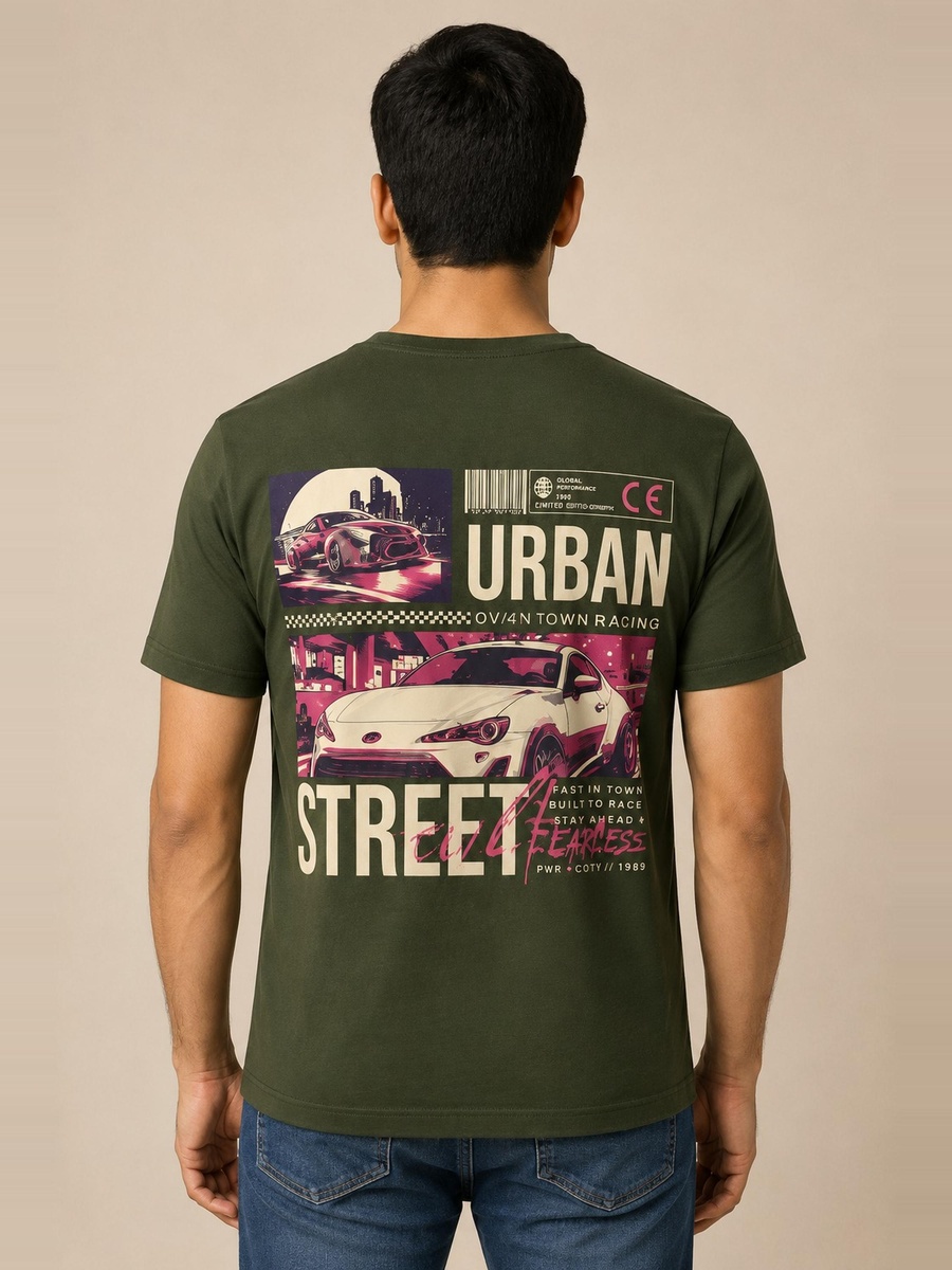 Men's Olive Green Falcon Graphic Crew Neck T-Shirt 