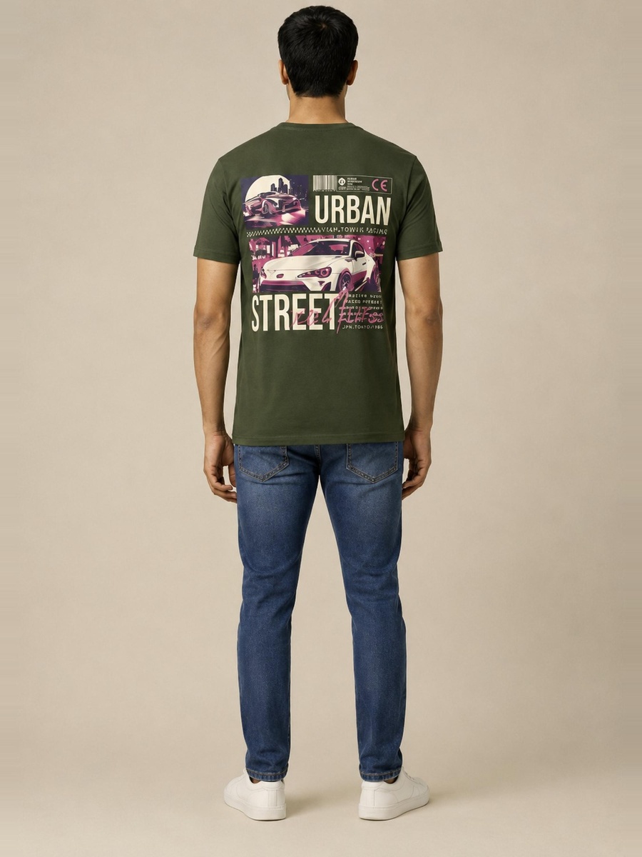 Men's Olive Green Falcon Graphic Crew Neck T-Shirt 