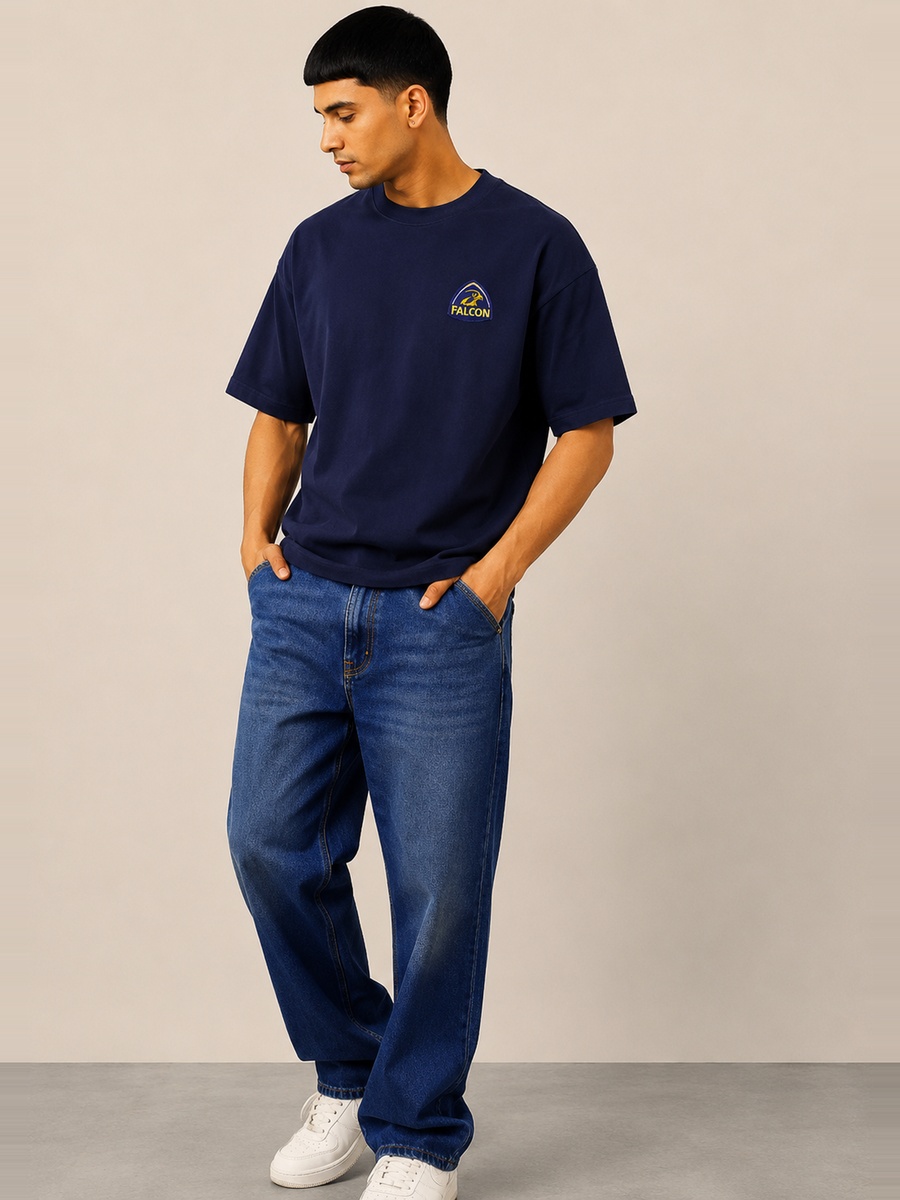 Navy Blue Dropped Shoulder Relaxed Fit T-Shirt
