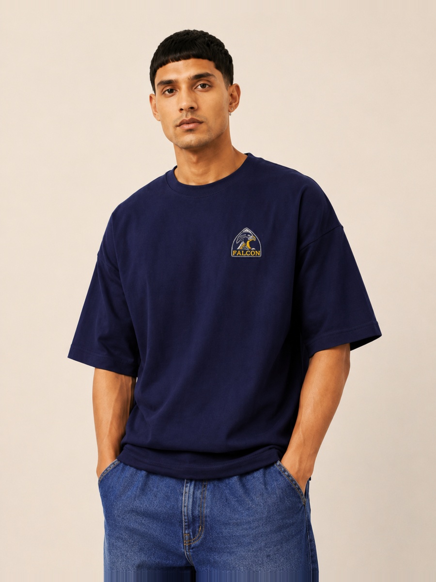Navy Blue Dropped Shoulder Relaxed Fit T-Shirt