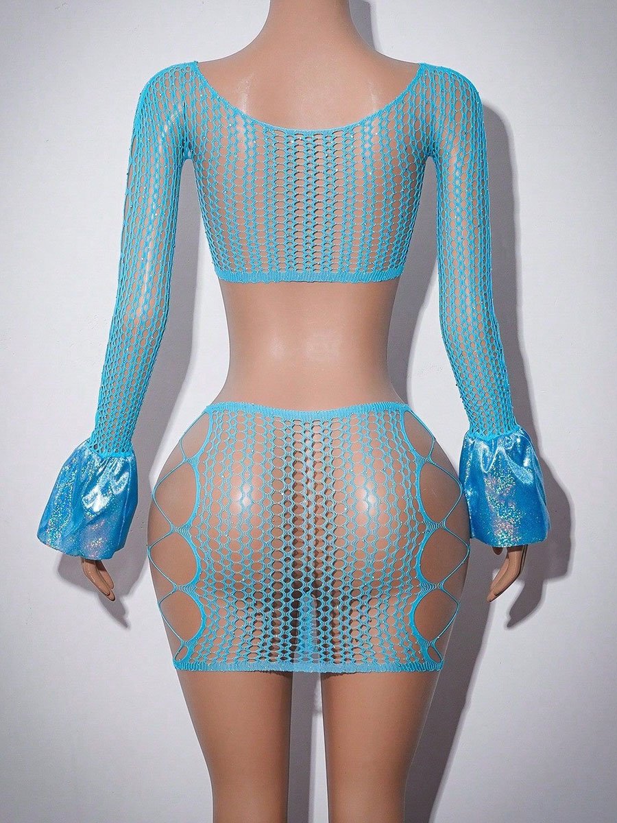 Turquoise Hollow Mesh Top and Skirt Lingerie Set