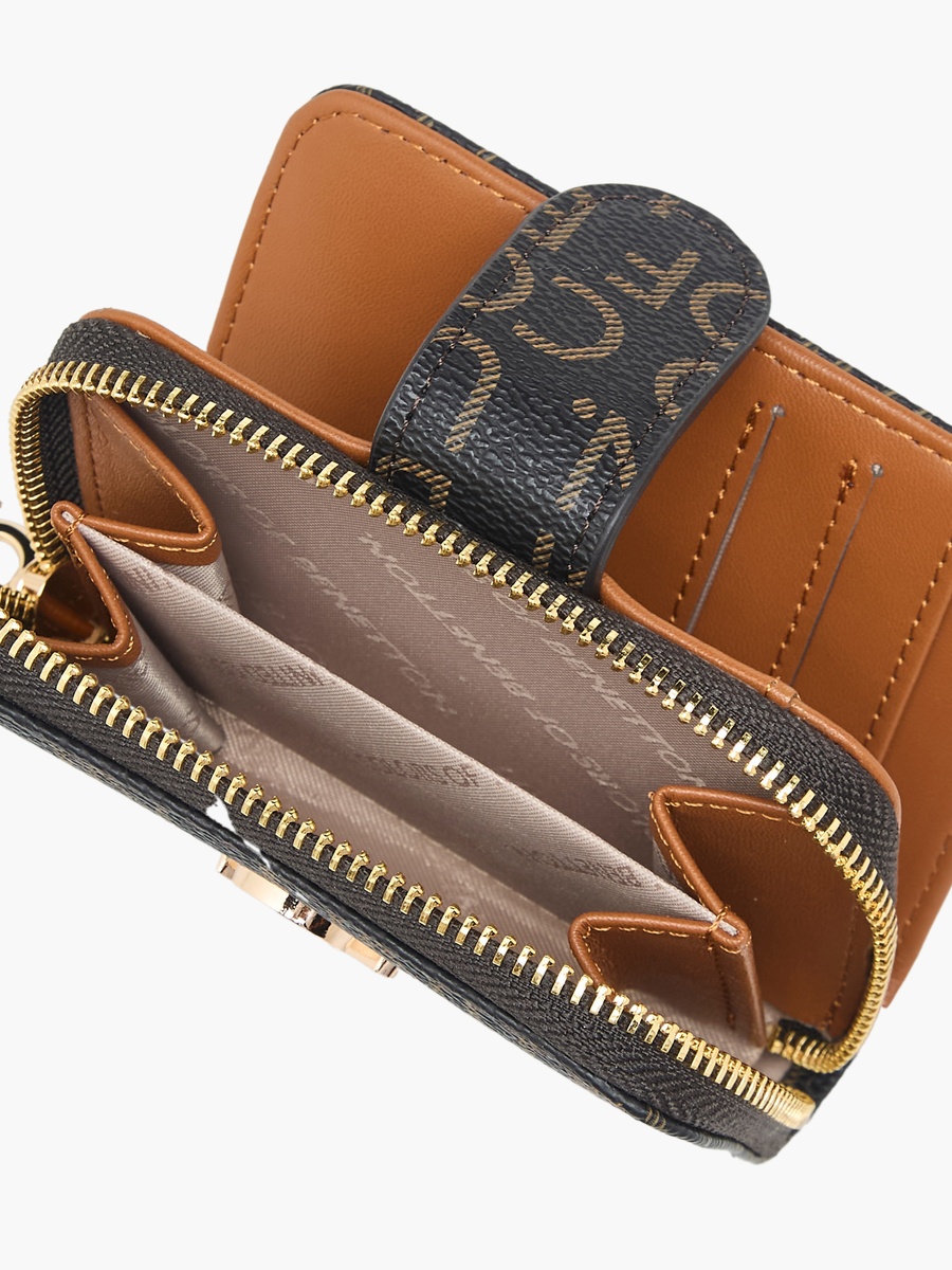 Monogram Print Wallet with Zip Closure
