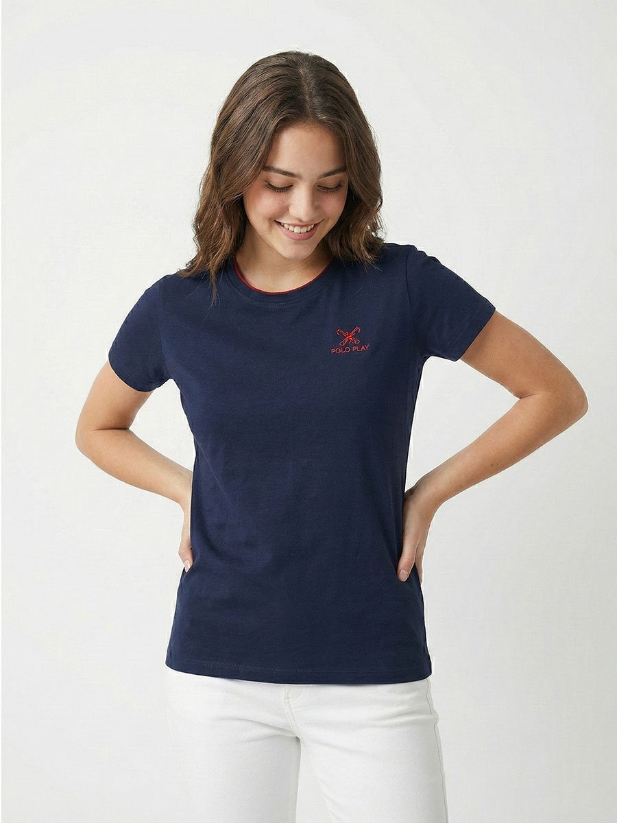 Navy Blue Logo Print Crew Neck T-Shirt