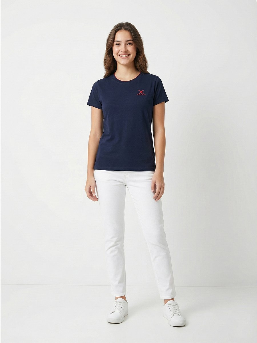 Navy Blue Logo Print Crew Neck T-Shirt
