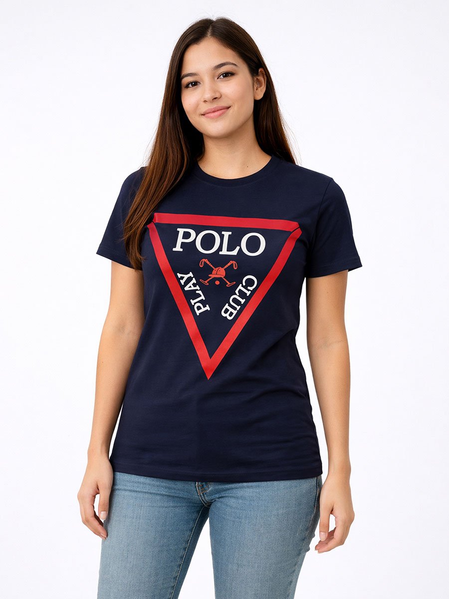Navy Blue Logo Print Crew Neck T-Shirt