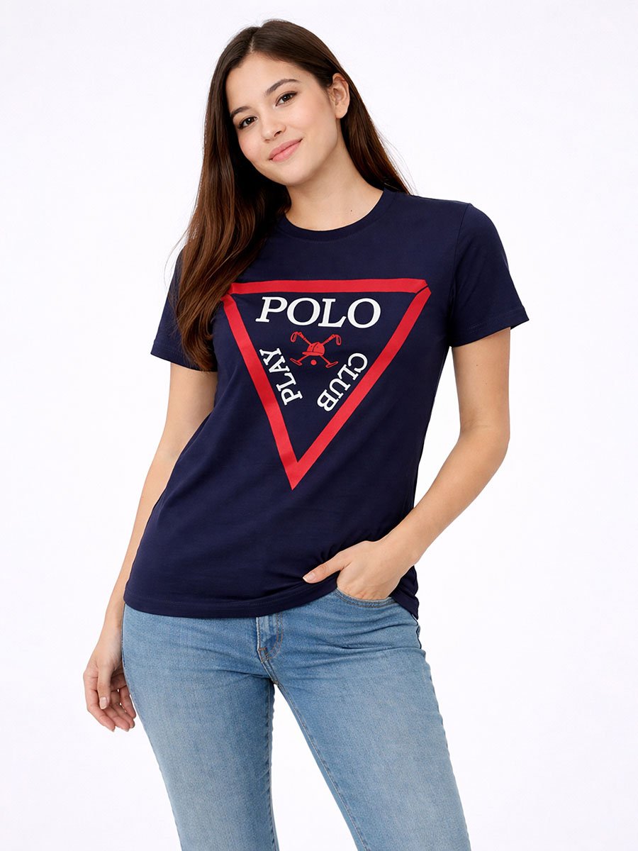 Navy Blue Logo Print Crew Neck T-Shirt