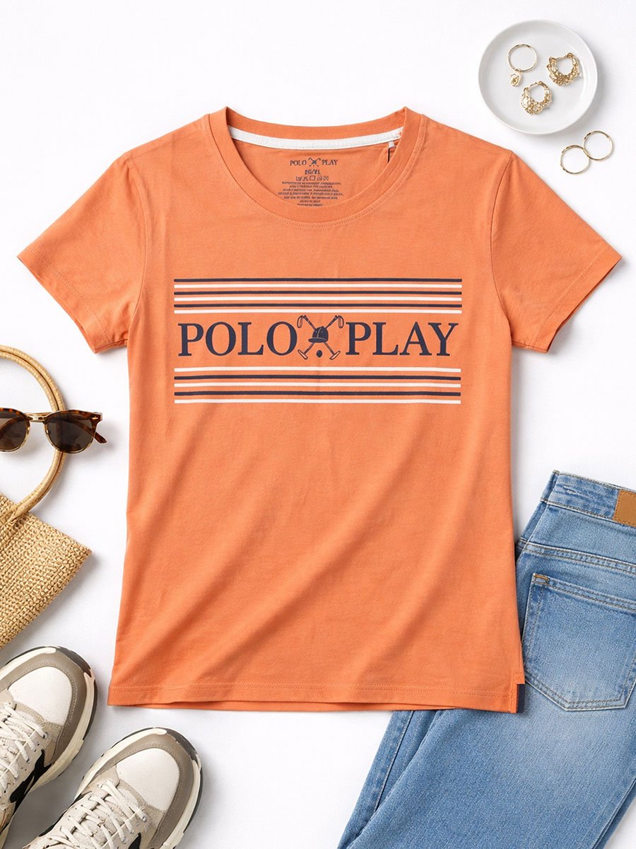 Orange Logo Print Crew Neck T-Shirt
