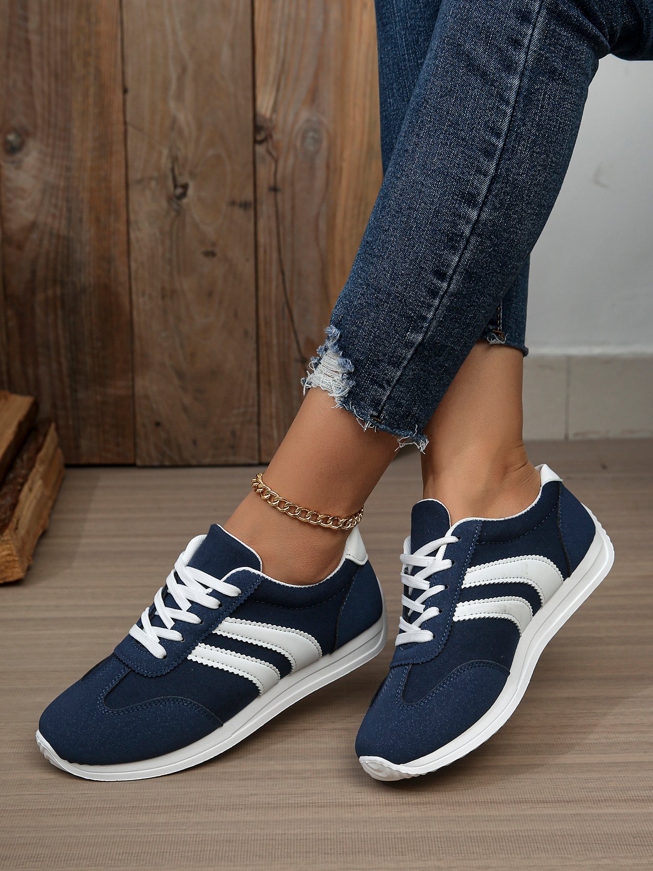 Blue Stripe Detail Lace Up Sneakers