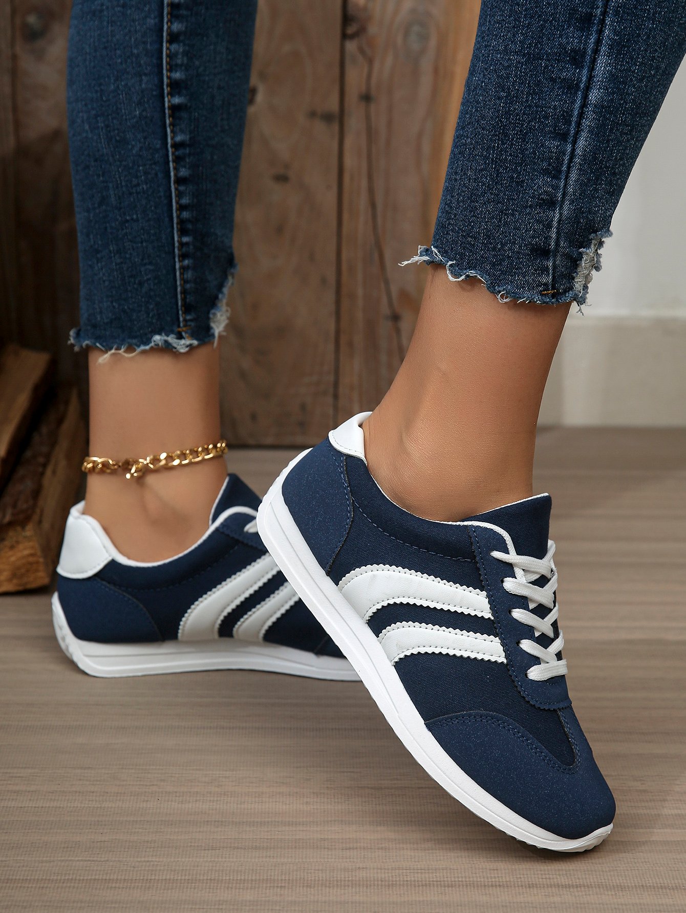 Blue Stripe Detail Lace Up Sneakers