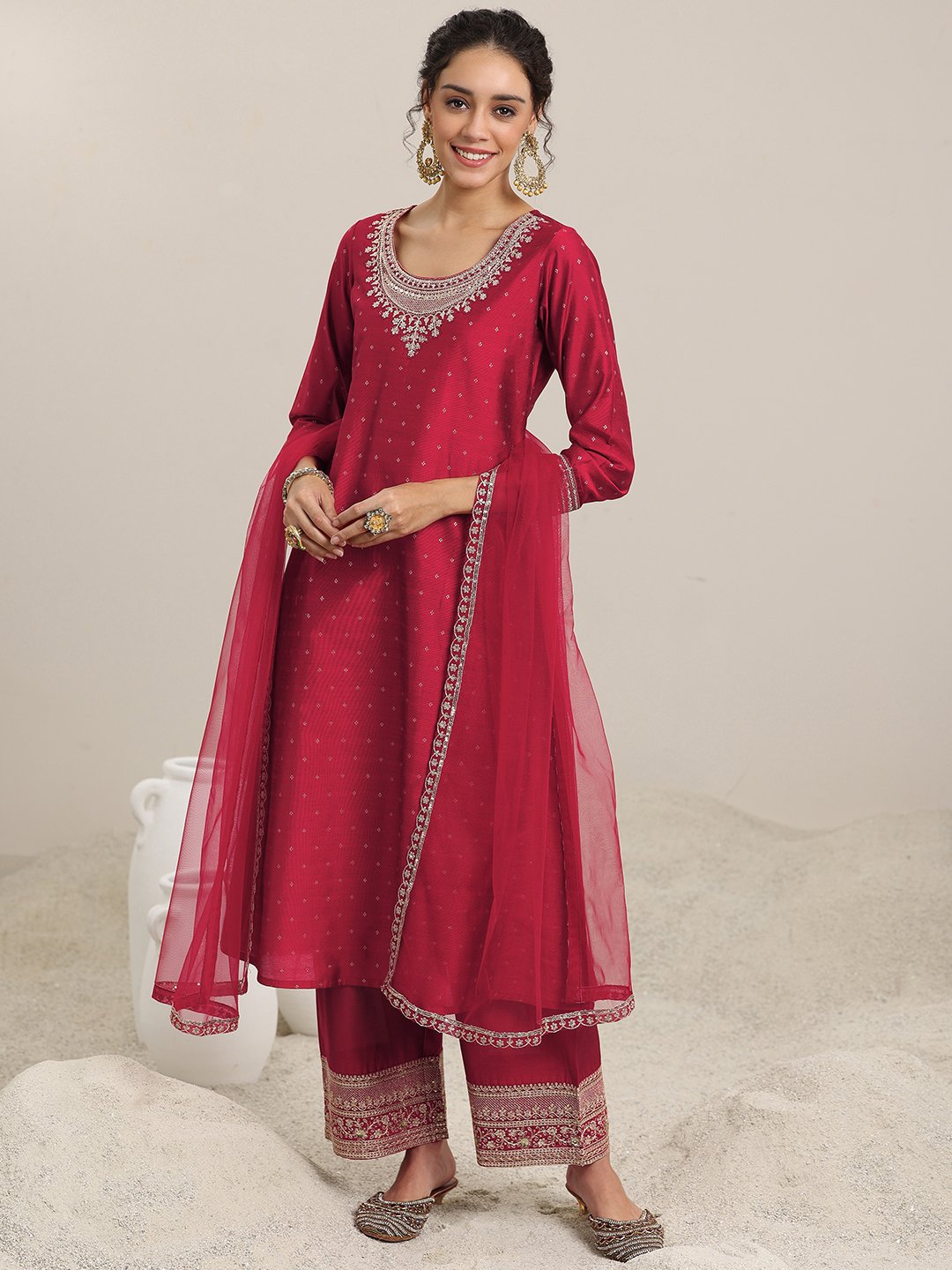 Maroon Woven Design Silk Blend A-Line Kurta, Palazzo and Dupatta Set