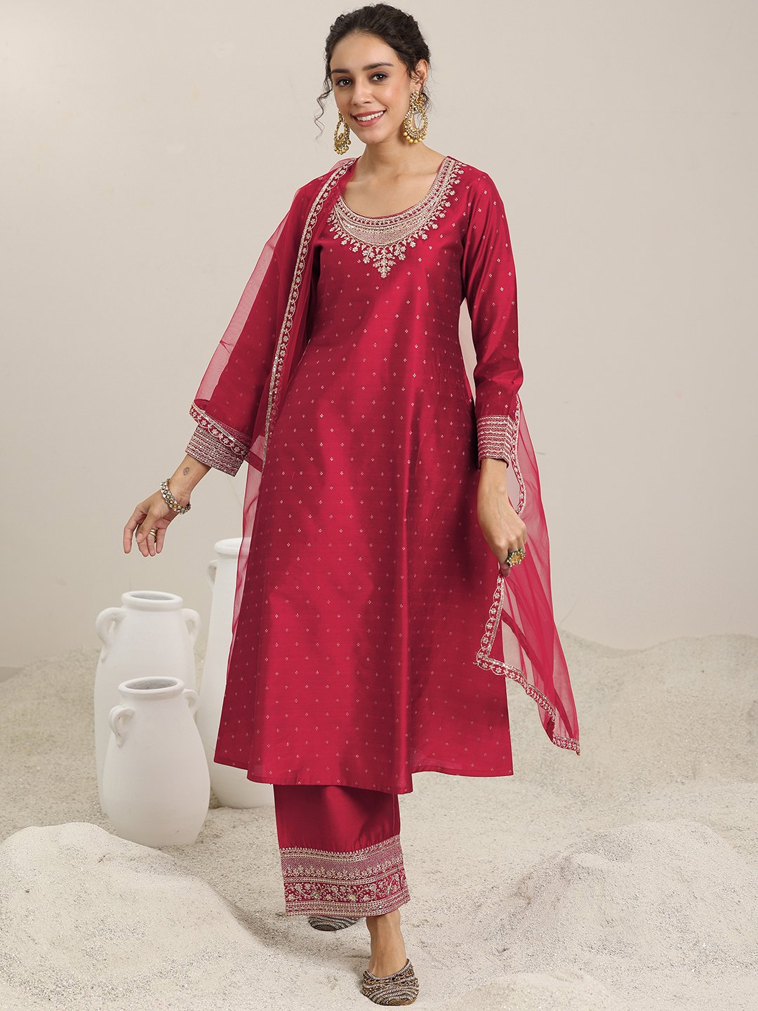 Maroon Woven Design Silk Blend A-Line Kurta, Palazzo and Dupatta Set