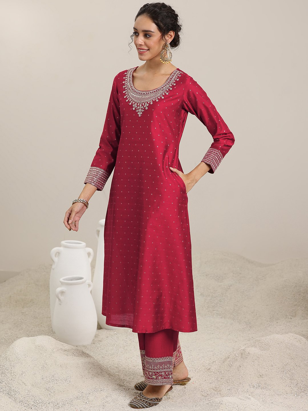 Maroon Woven Design Silk Blend A-Line Kurta, Palazzo and Dupatta Set
