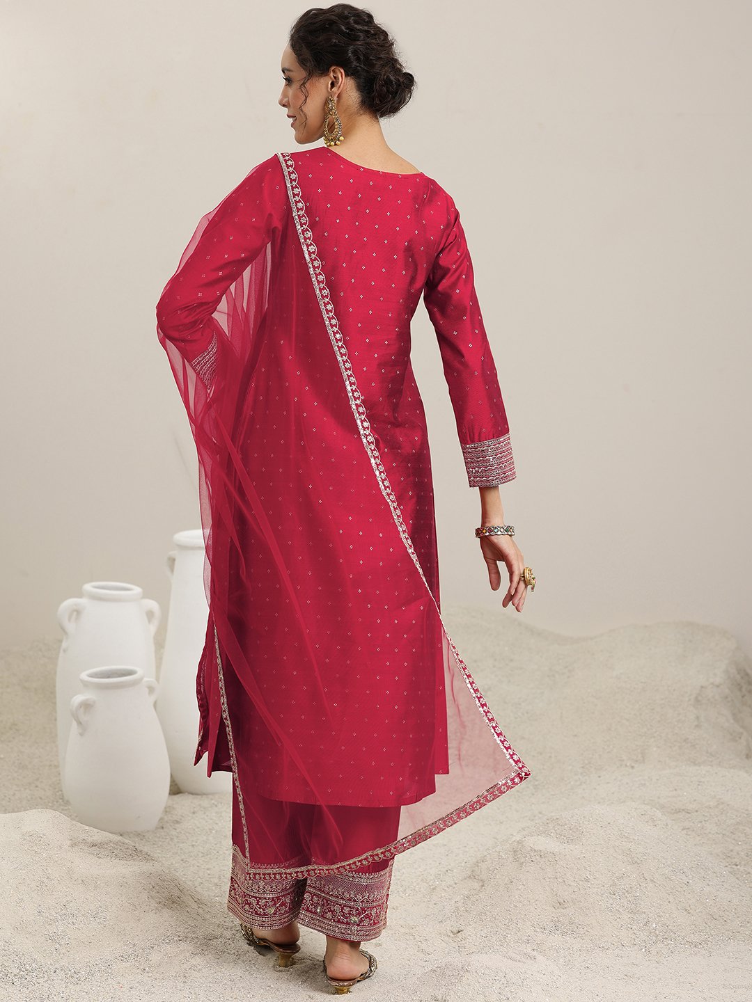 Maroon Woven Design Silk Blend A-Line Kurta, Palazzo and Dupatta Set
