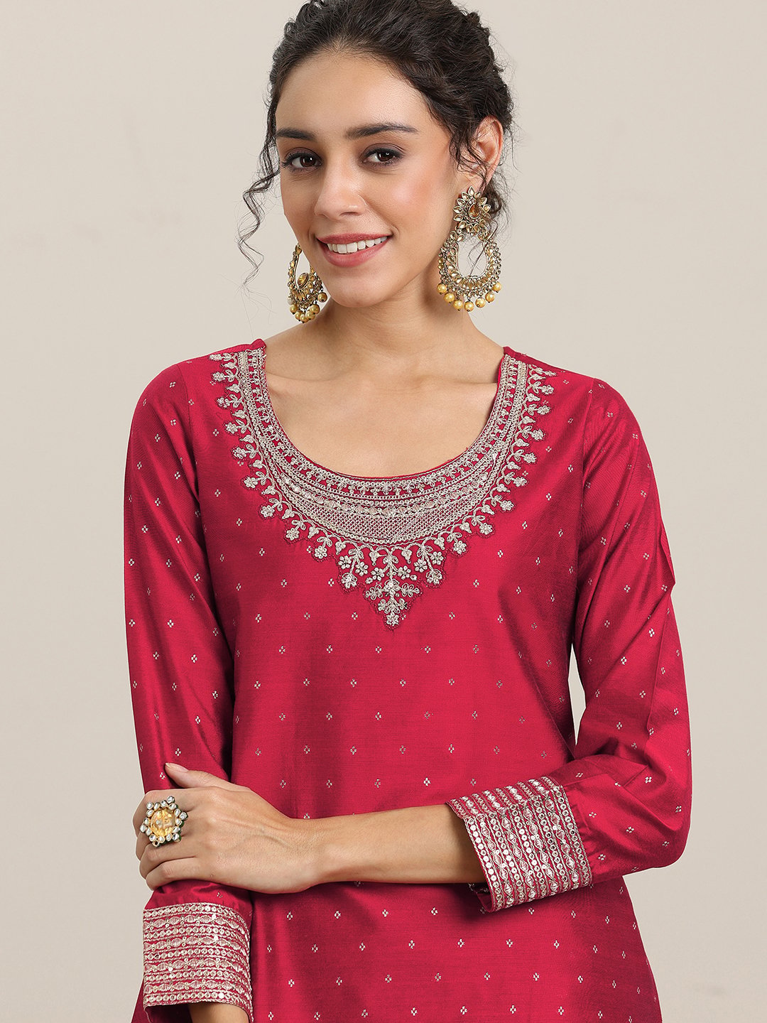 Maroon Woven Design Silk Blend A-Line Kurta, Palazzo and Dupatta Set