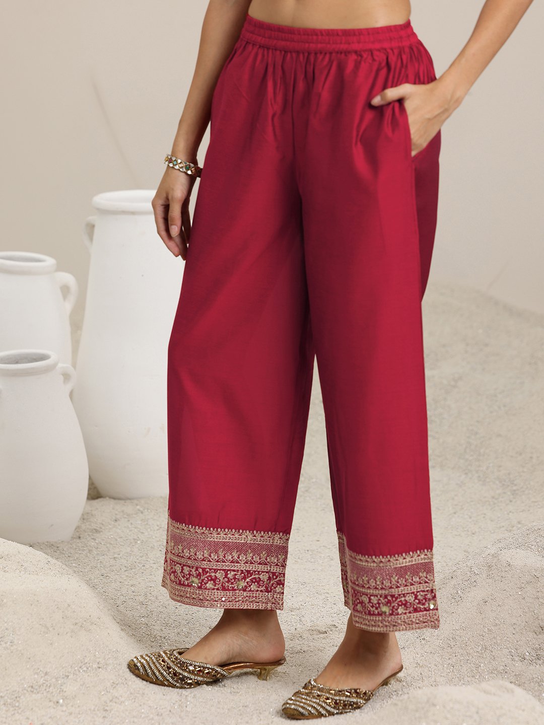 Maroon Woven Design Silk Blend A-Line Kurta, Palazzo and Dupatta Set