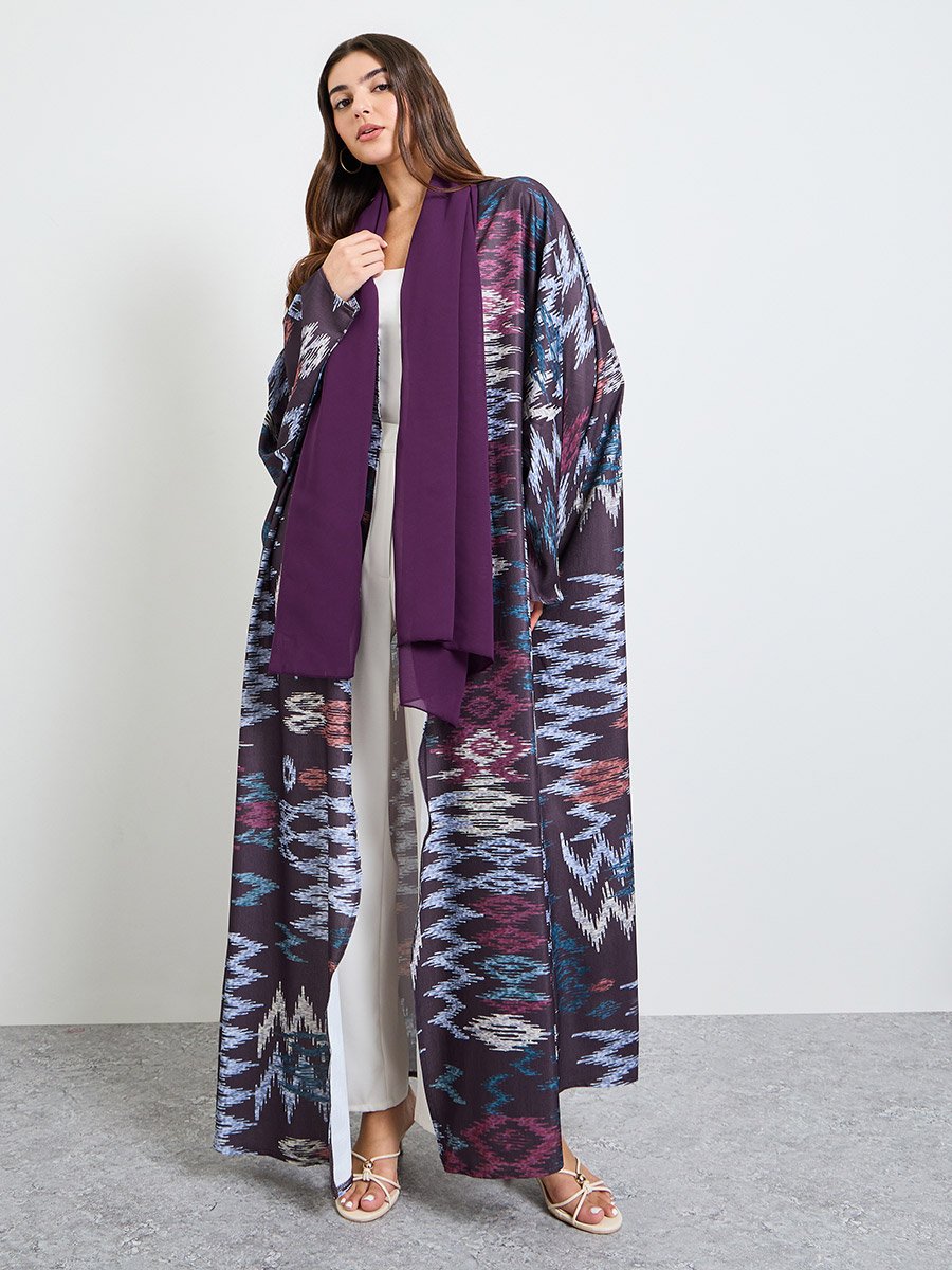Purple Front Open Geo Pattern Abaya