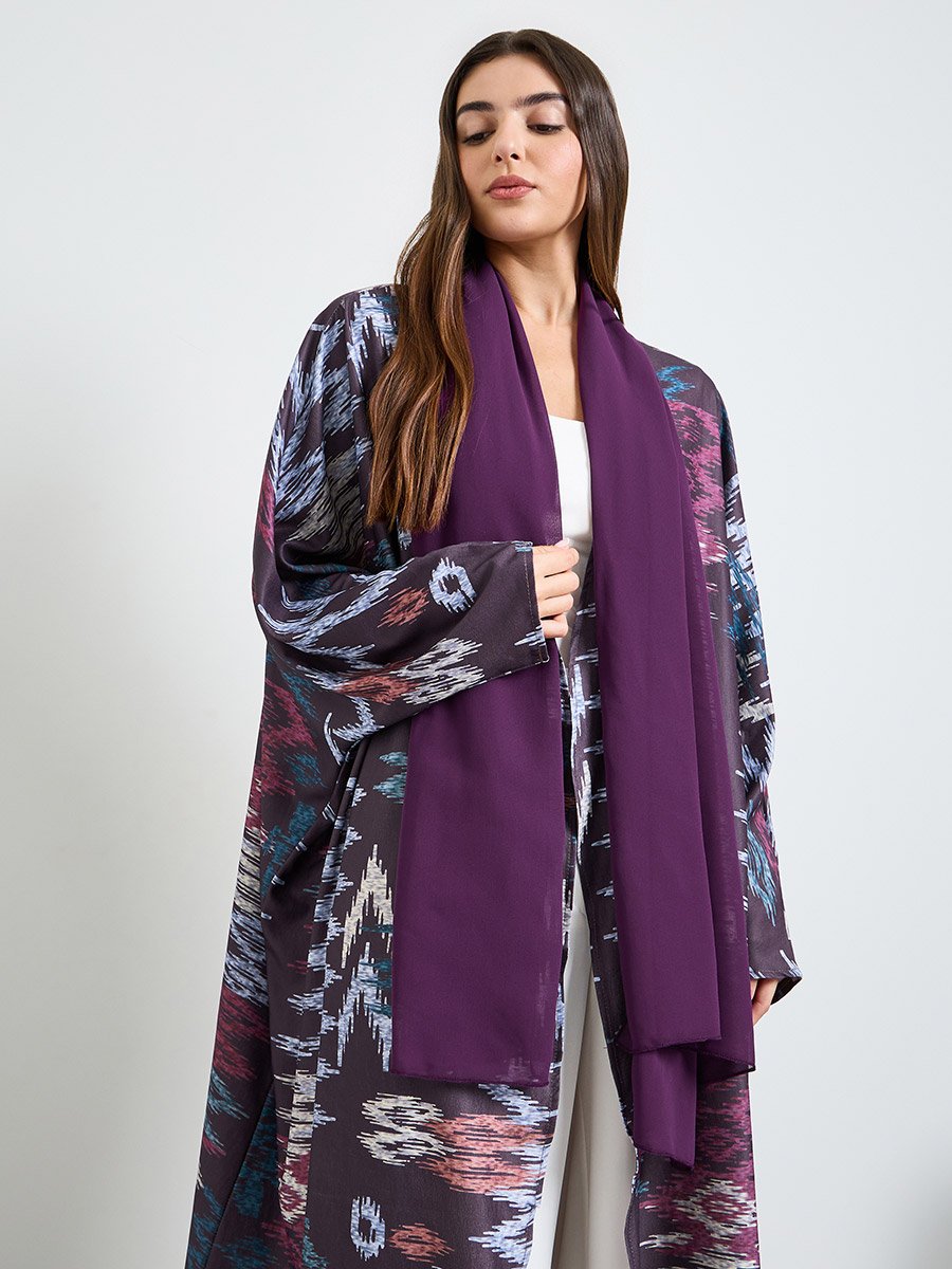 Purple Front Open Geo Pattern Abaya