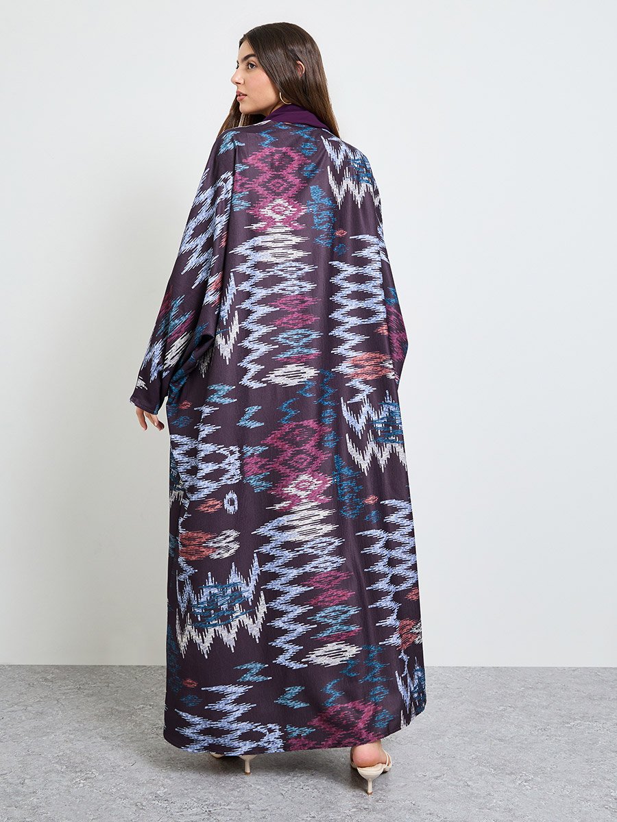 Purple Front Open Geo Pattern Abaya