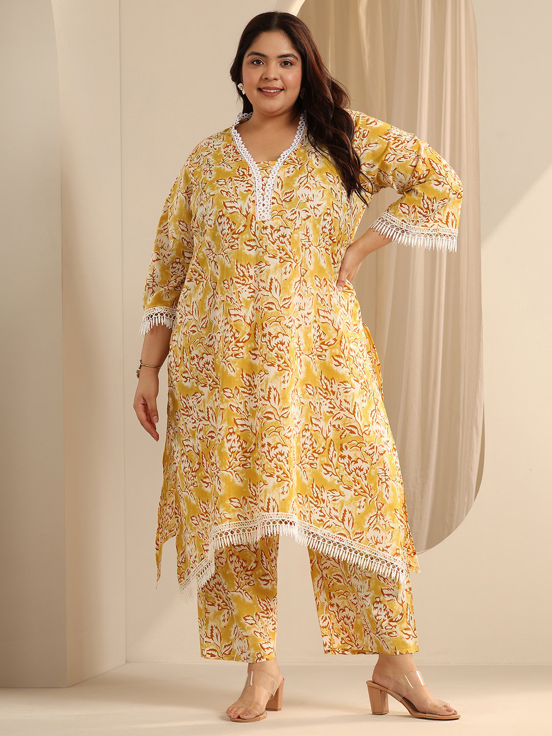 Yellow Printed Cotton Blend Straight Kurta and Trousers Set