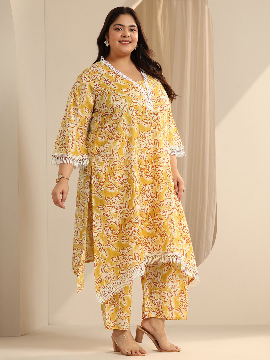 Yellow Printed Cotton Blend Straight Kurta and Trousers Set
