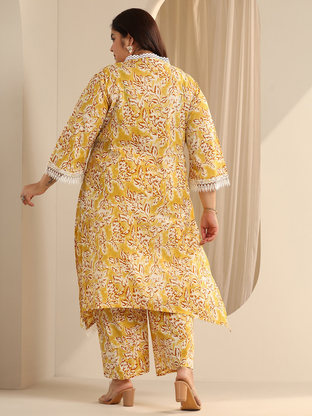Yellow Printed Cotton Blend Straight Kurta and Trousers Set