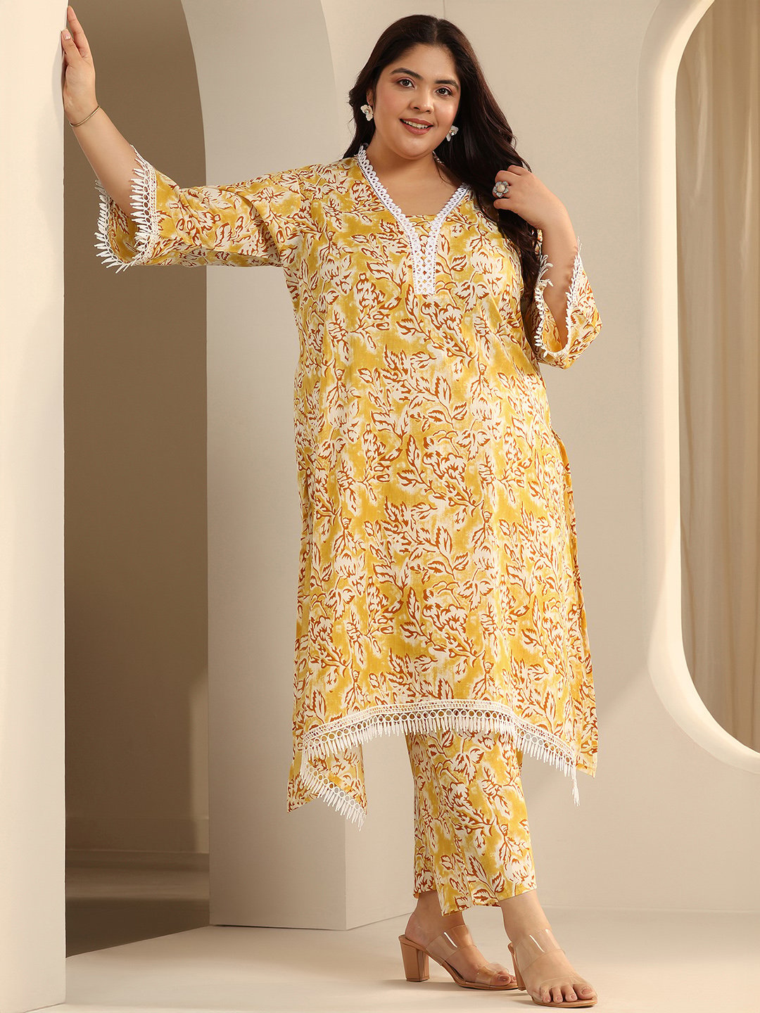 Yellow Printed Cotton Blend Straight Kurta and Trousers Set