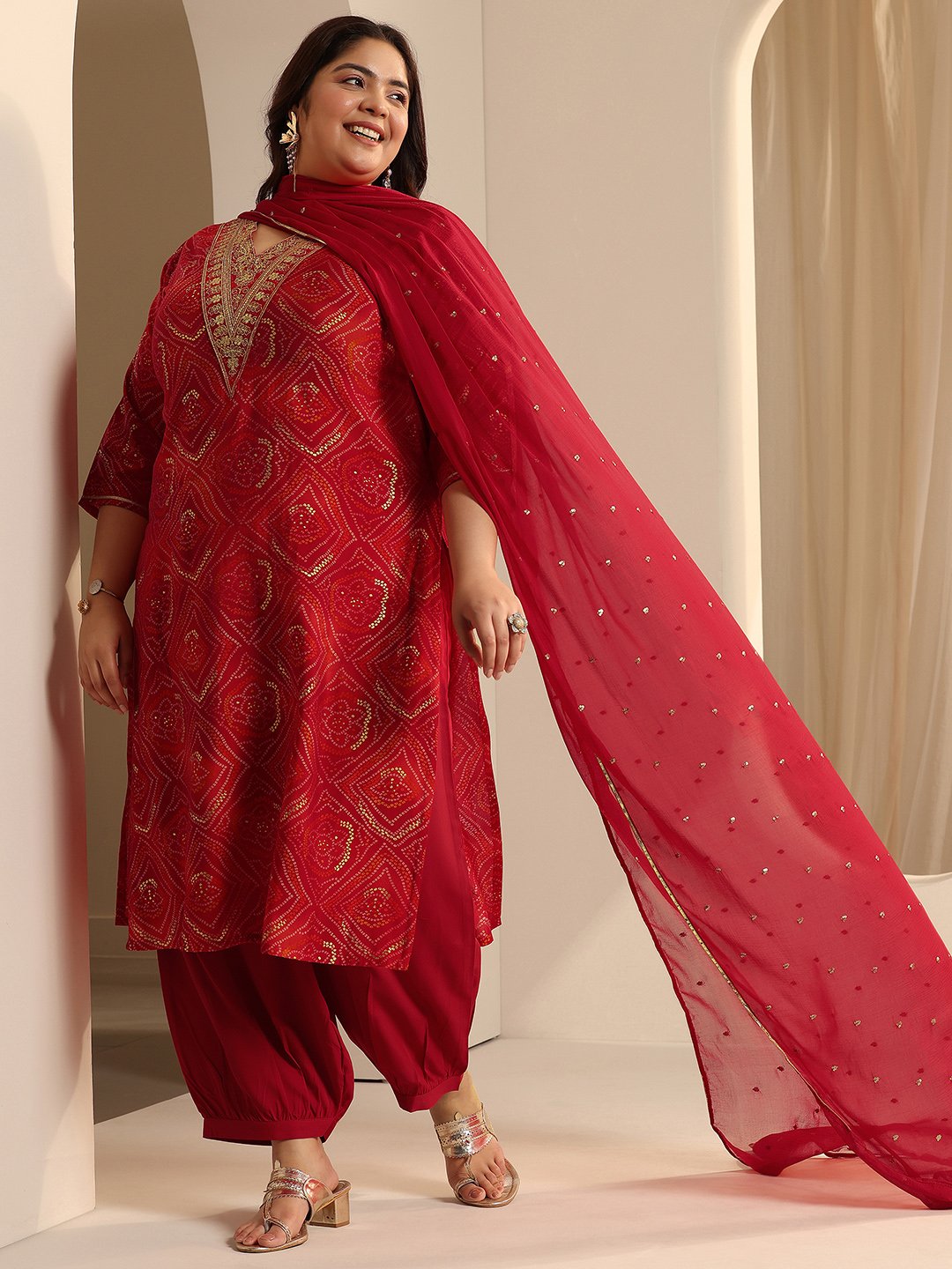 Red Yoke Design Silk Blend Straight Kurta, Salwar and Dupatta Set