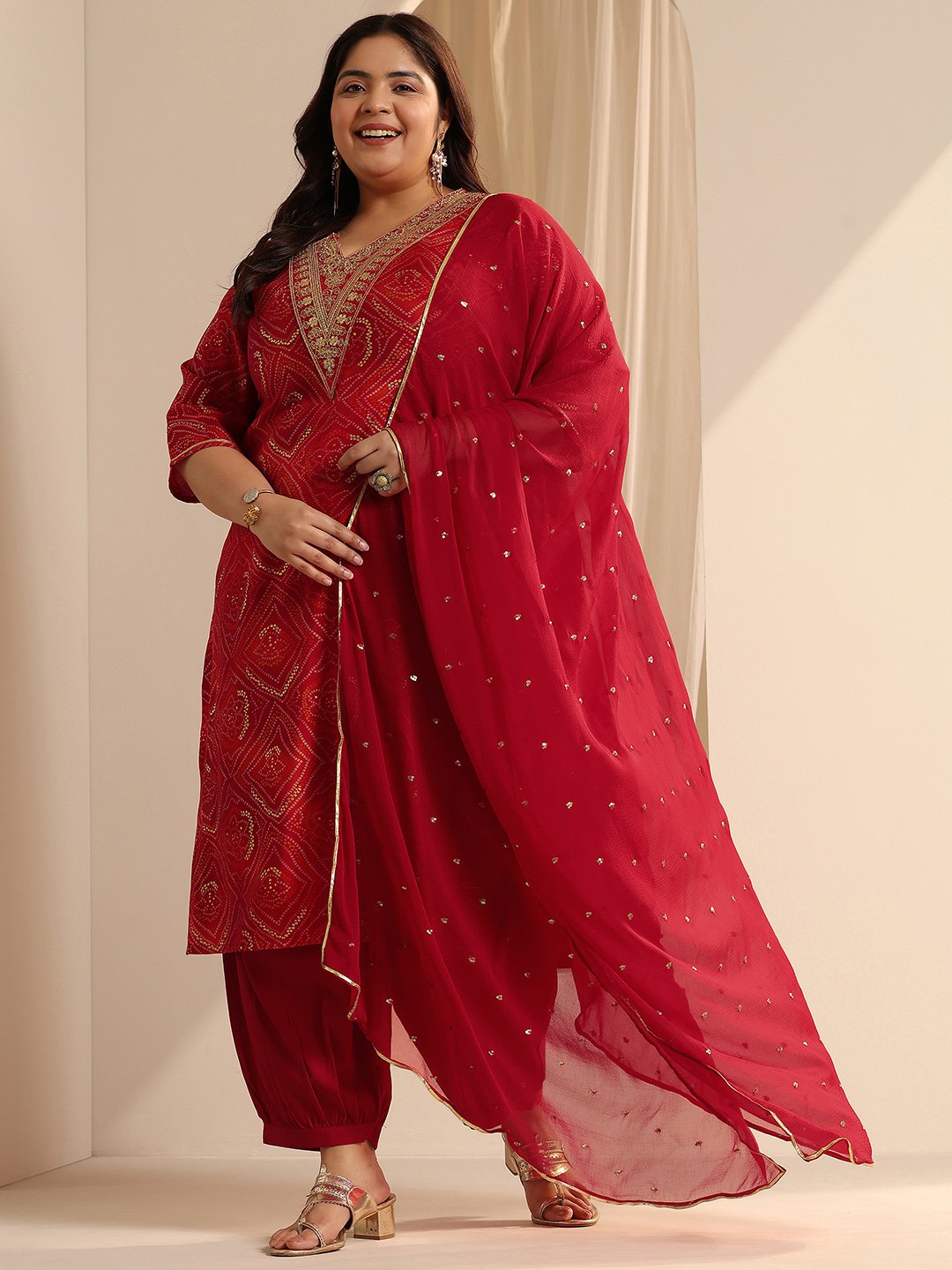 Red Yoke Design Silk Blend Straight Kurta, Salwar and Dupatta Set