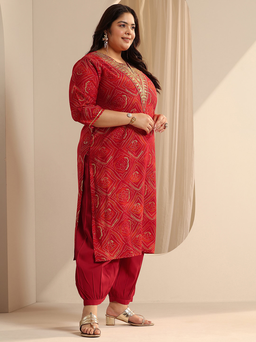 Red Yoke Design Silk Blend Straight Kurta, Salwar and Dupatta Set