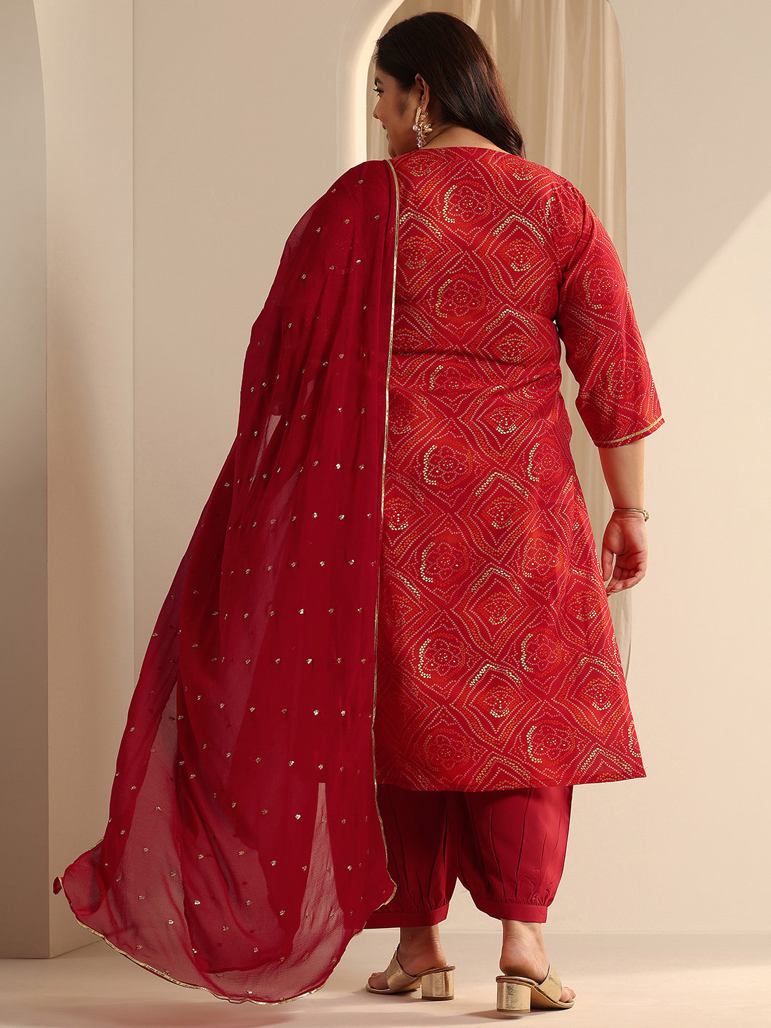 Red Yoke Design Silk Blend Straight Kurta, Salwar and Dupatta Set