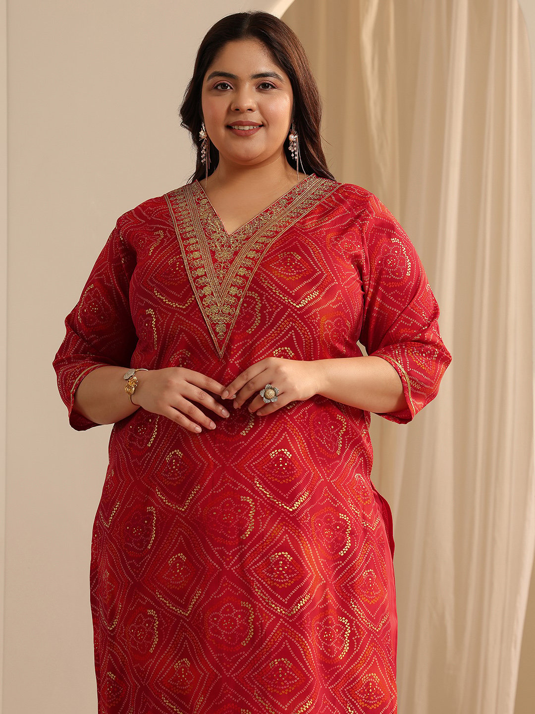 Red Yoke Design Silk Blend Straight Kurta, Salwar and Dupatta Set