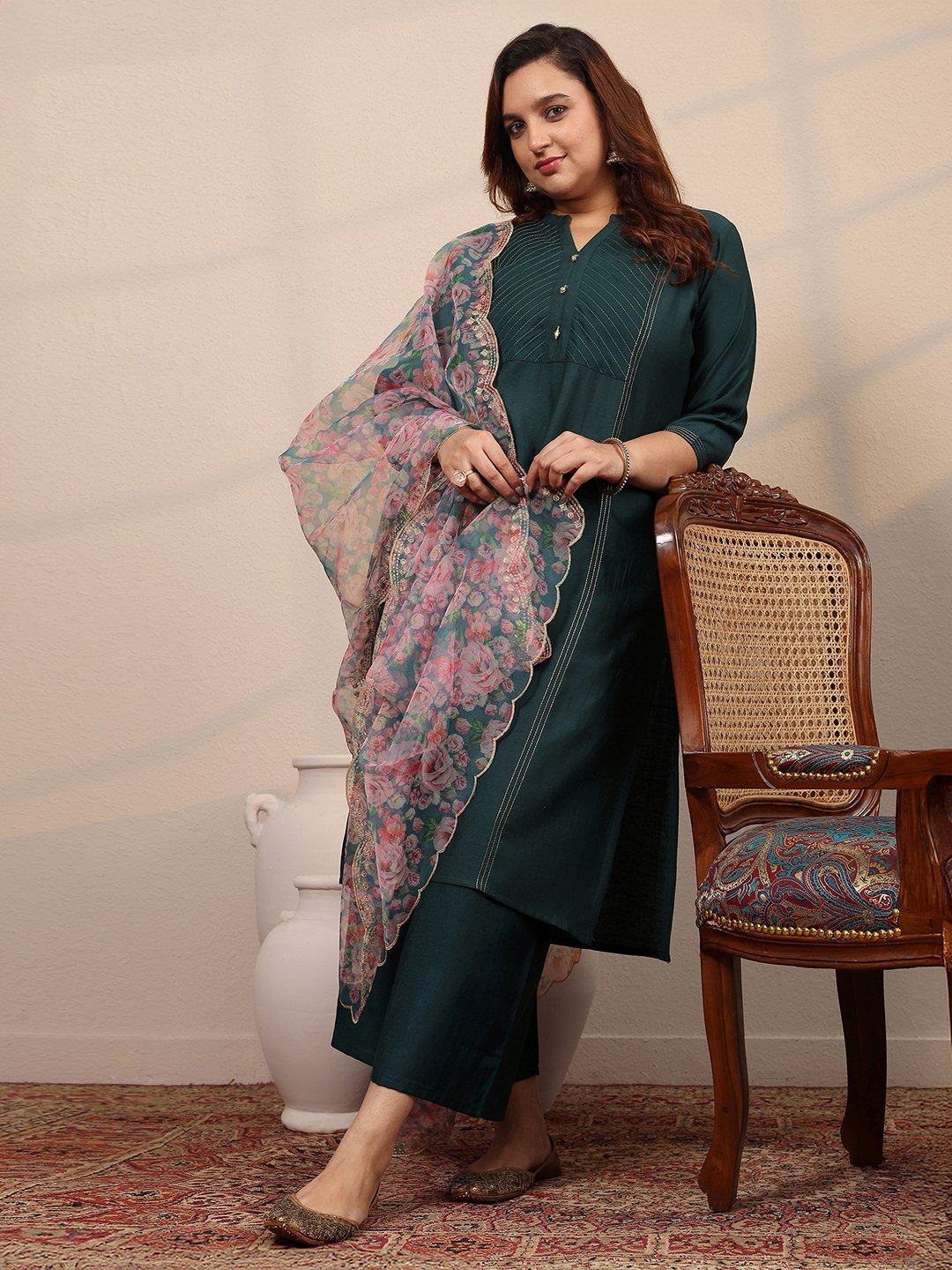 Teal Woven Design Silk Blend Straight Kurta, Palazzo and Dupatta Set