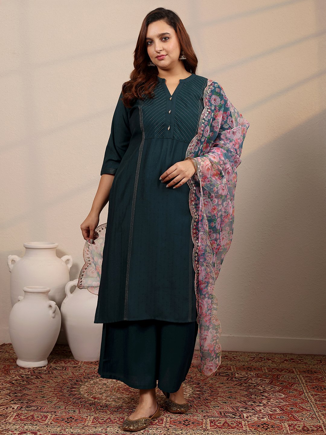 Teal Woven Design Silk Blend Straight Kurta, Palazzo and Dupatta Set