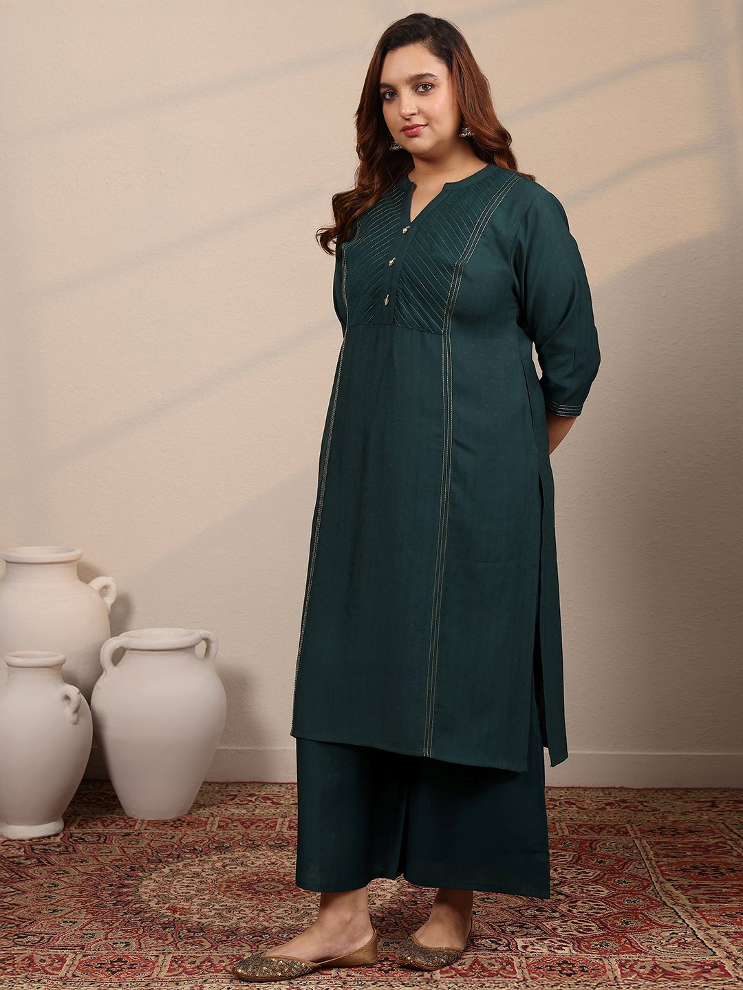 Teal Woven Design Silk Blend Straight Kurta, Palazzo and Dupatta Set