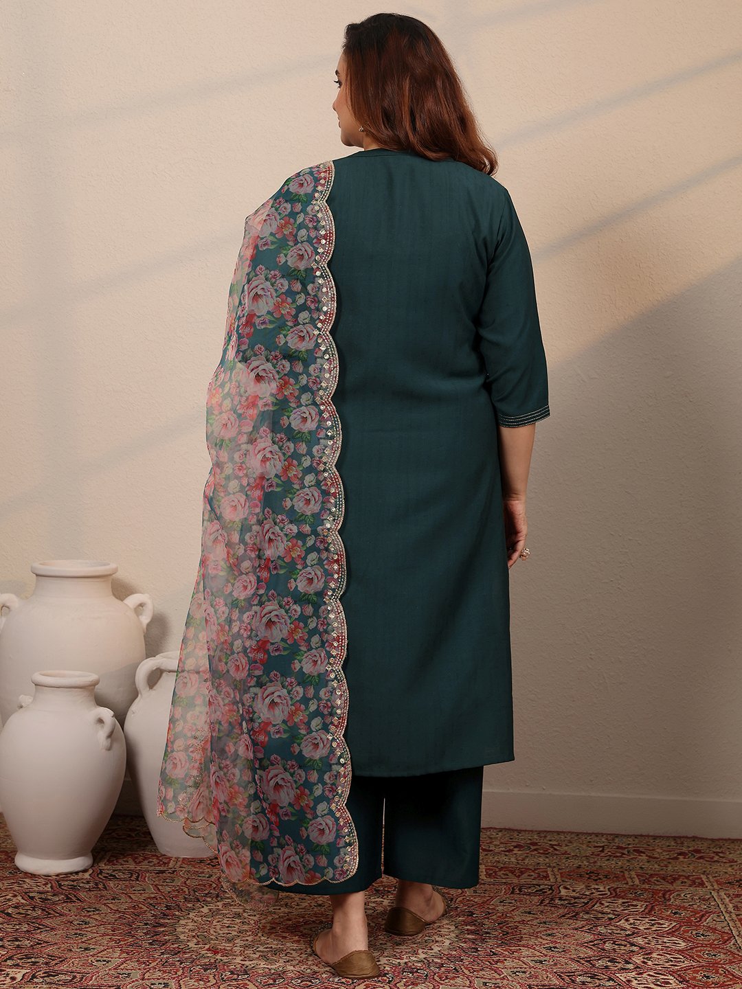 Teal Woven Design Silk Blend Straight Kurta, Palazzo and Dupatta Set