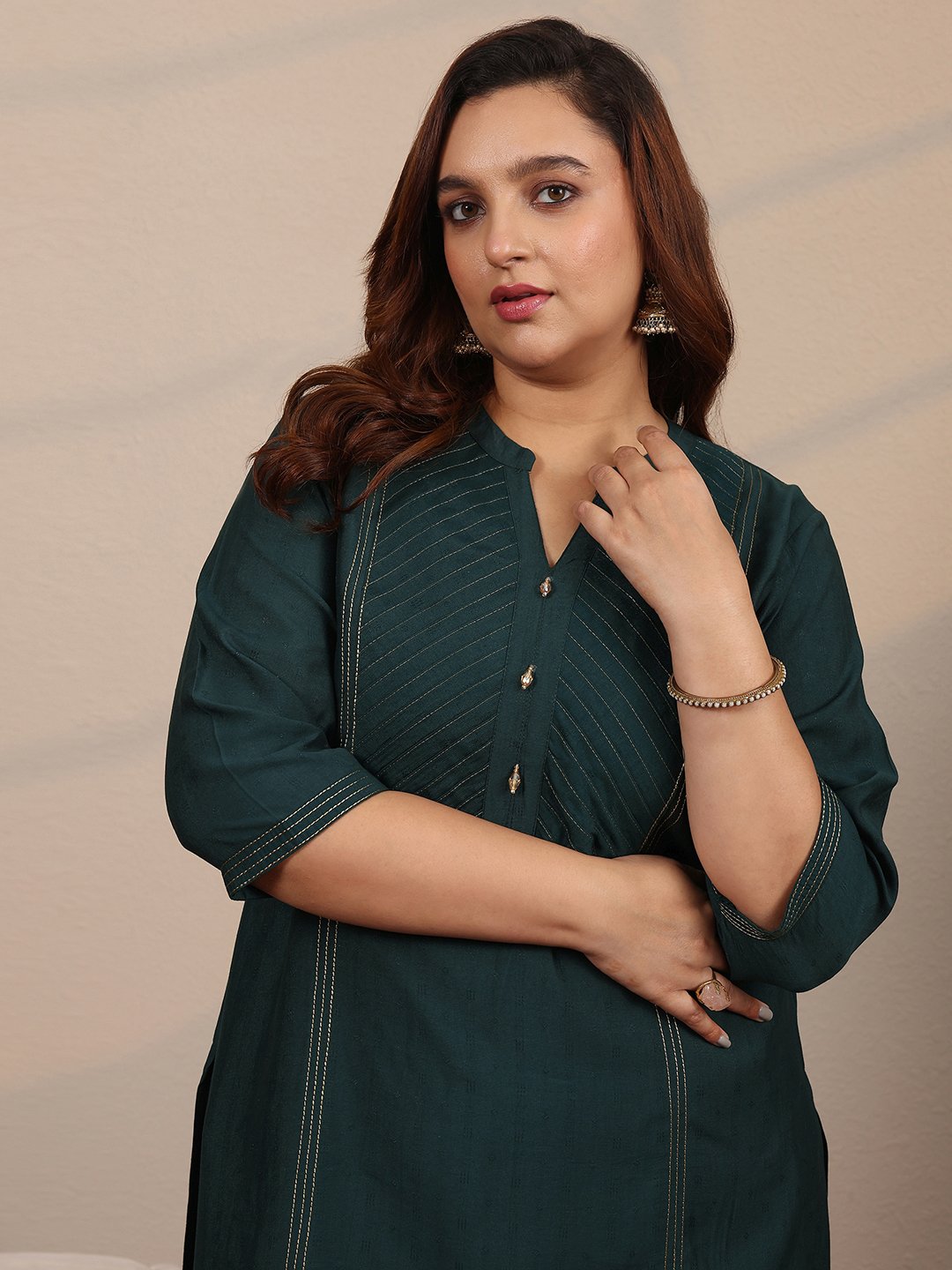 Teal Woven Design Silk Blend Straight Kurta, Palazzo and Dupatta Set