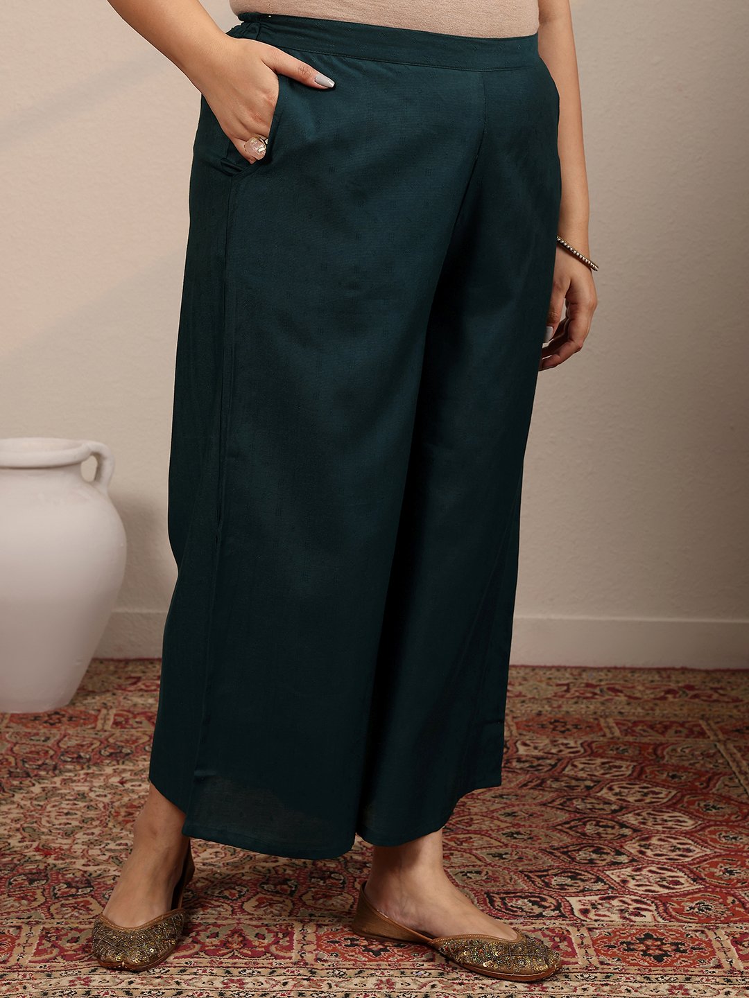 Teal Woven Design Silk Blend Straight Kurta, Palazzo and Dupatta Set