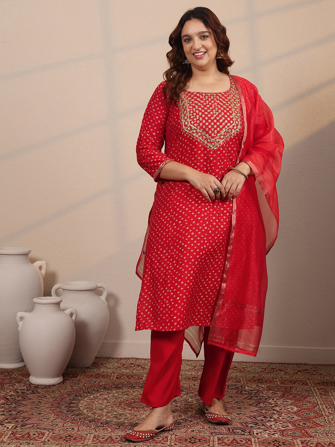 Red Printed Silk Blend Straight Kurta, Trousers and Dupatta Set