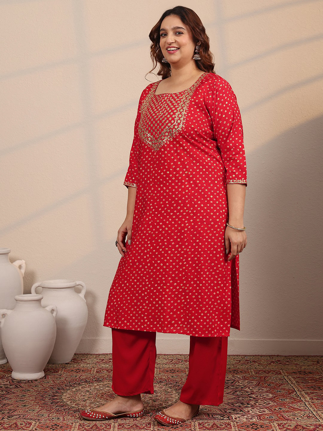 Red Printed Silk Blend Straight Kurta, Trousers and Dupatta Set