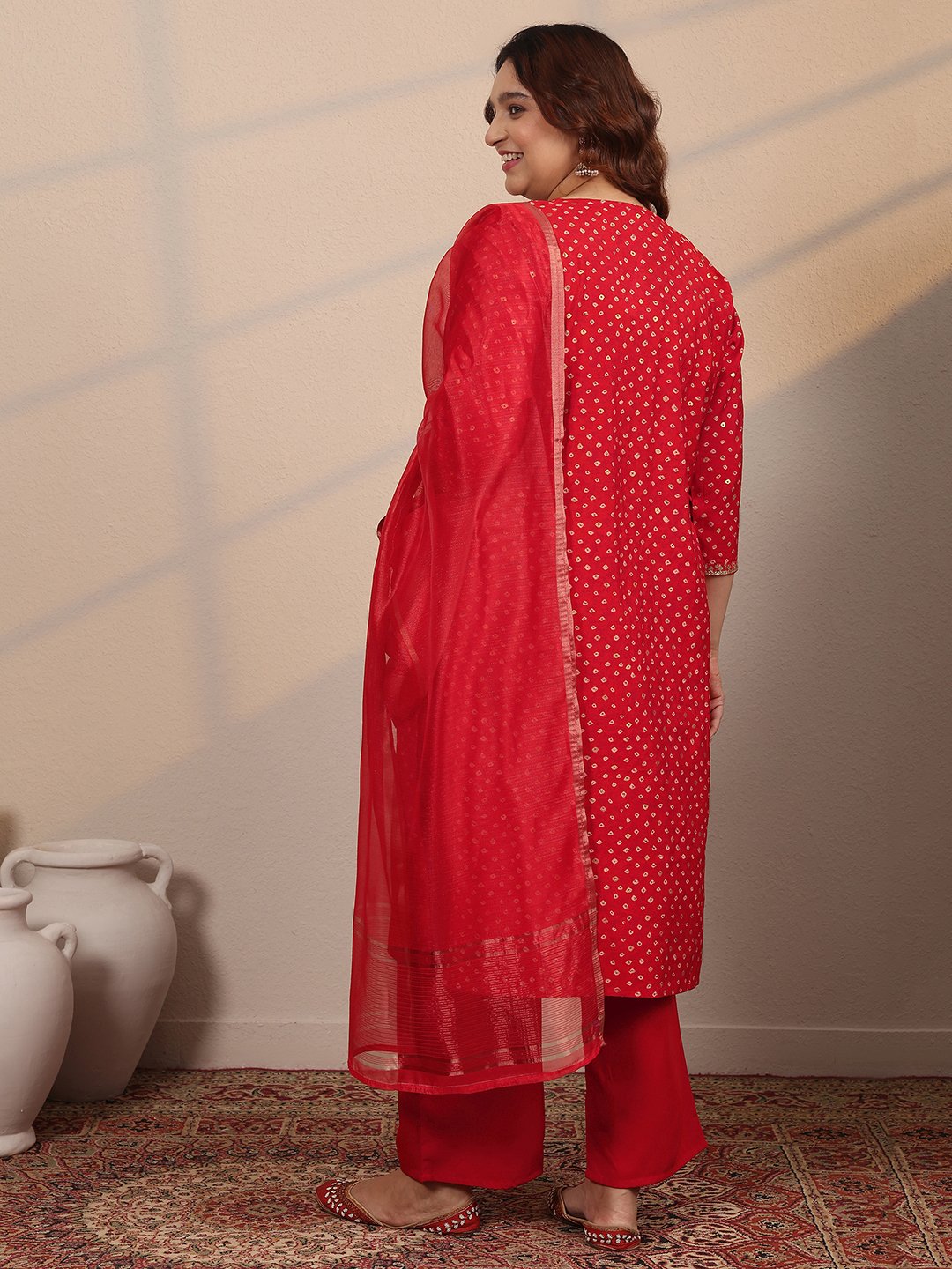 Red Printed Silk Blend Straight Kurta, Trousers and Dupatta Set