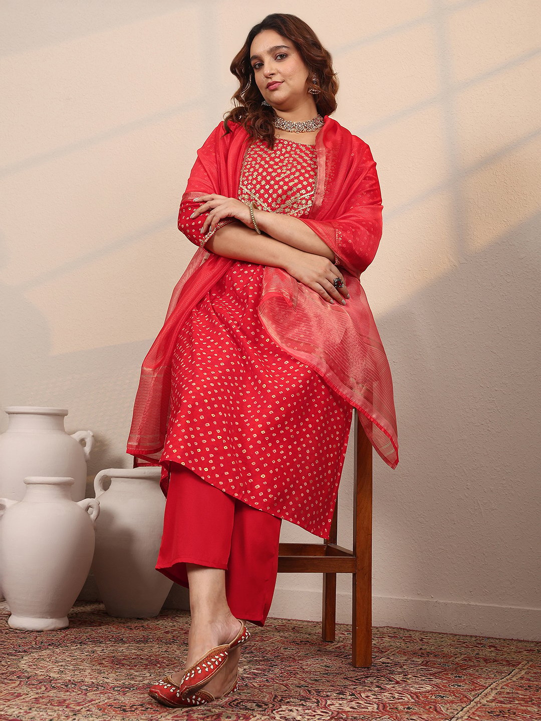 Red Printed Silk Blend Straight Kurta, Trousers and Dupatta Set