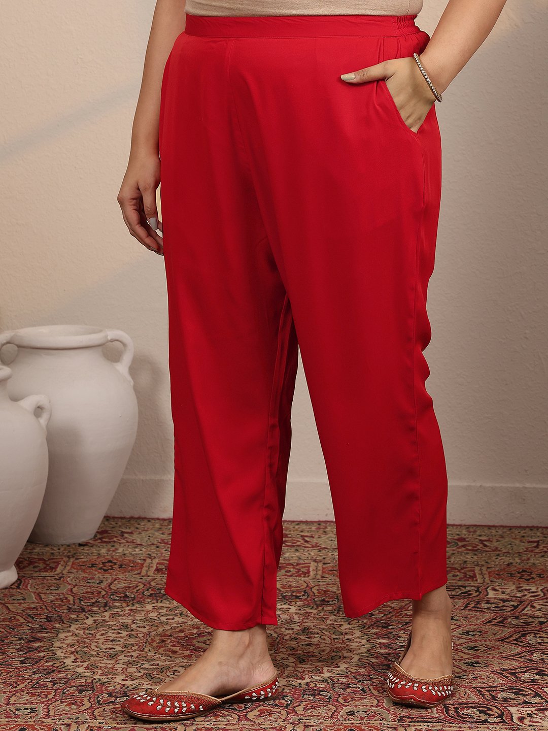 Red Printed Silk Blend Straight Kurta, Trousers and Dupatta Set