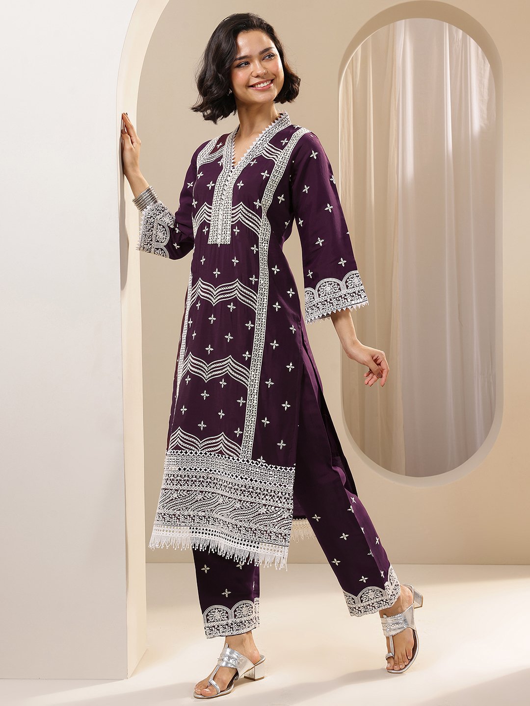Burgundy Embroidered Silk Blend Straight Kurta, Trousers and Dupatta Set