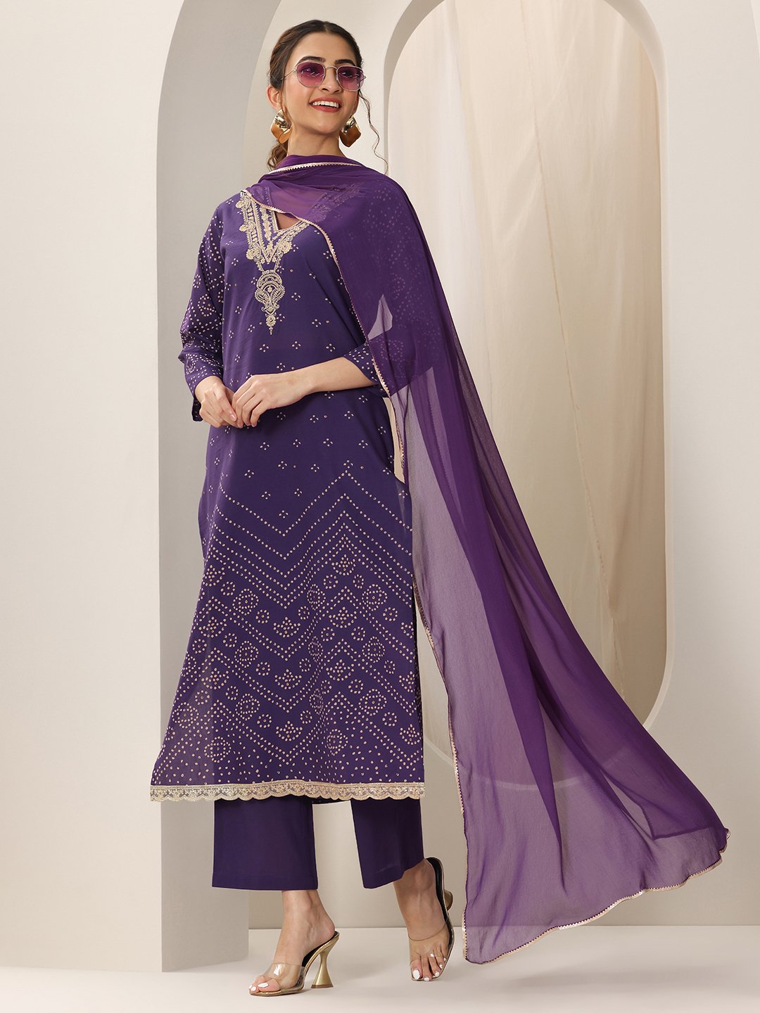 Purple Printed Cotton Straight Kurta, Trousers and Dupatta Set